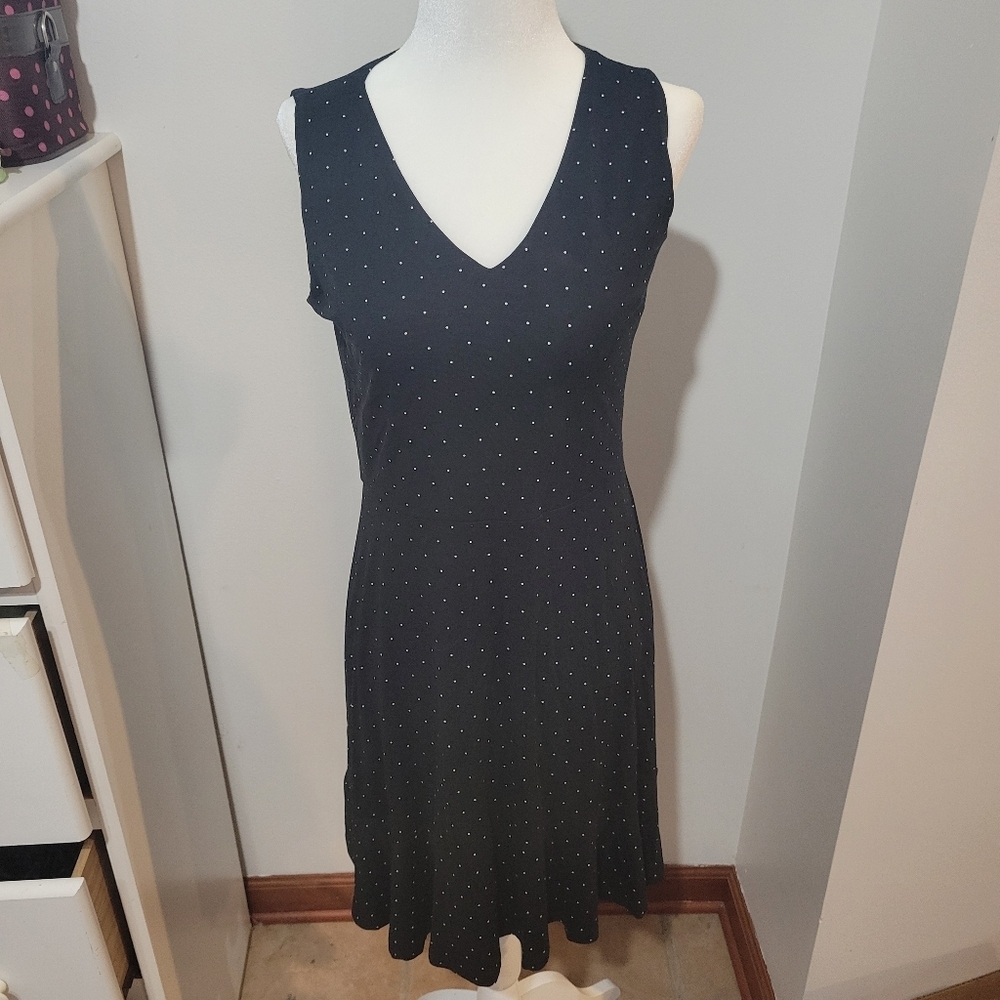 LOFT Black With White Polka Dots V Neck Midi Dress Workwear Romantic | Sz 6P